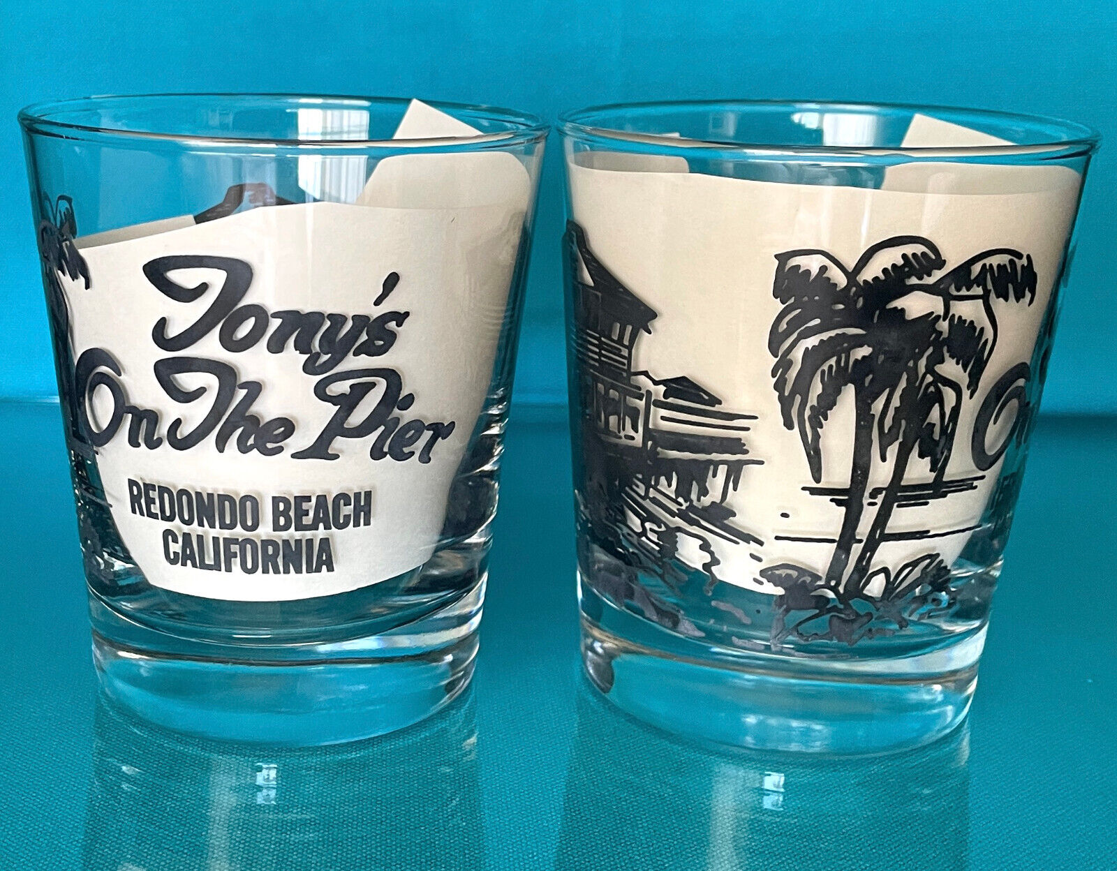 Set of 2 VINTAGE - NEW Tony\'s on the Pier Rocks Highball Glasses Redondo Beach