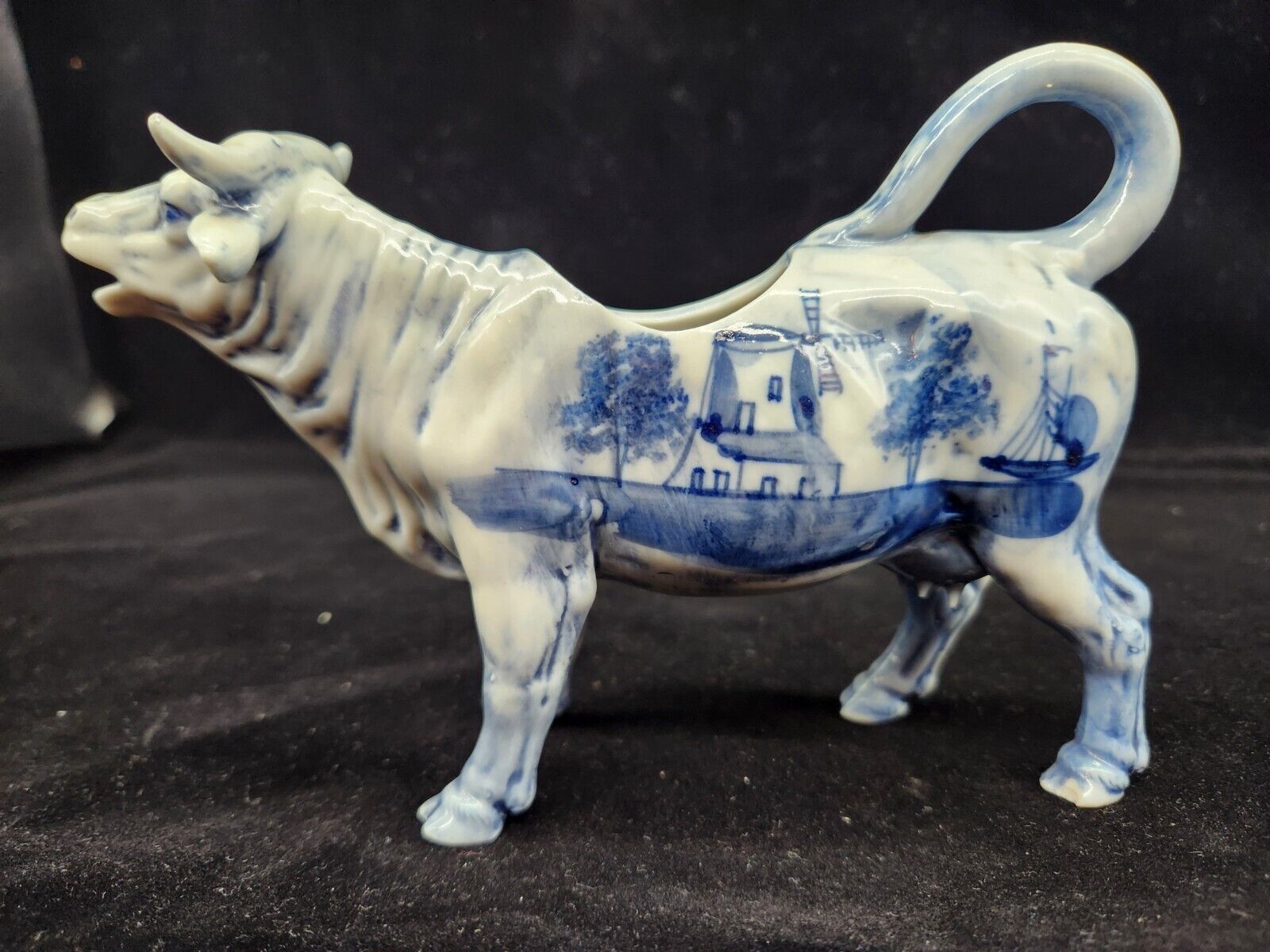 Vintage Delft Blue Cow Creamer Windmill and Trees Pattern Hand Painted