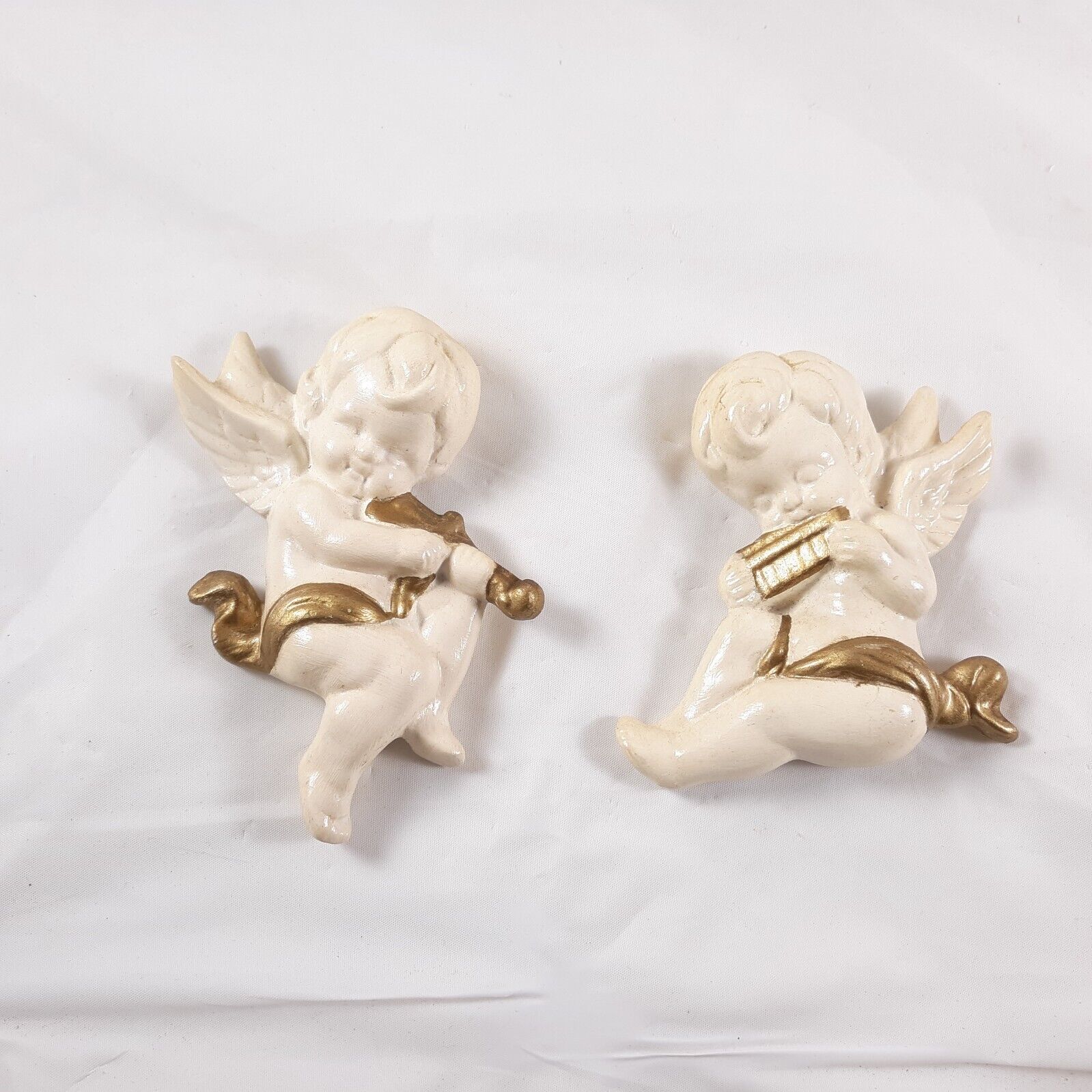 Ceramic Angel Figurines White Gold Wall Hangings Vintage
