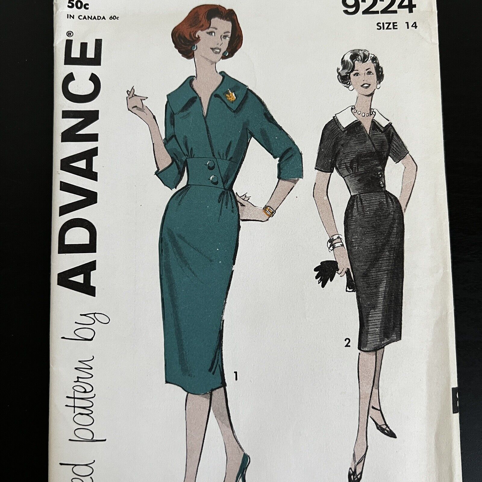 Vintage 1950s Advance 9224 MCM Wide Away Collar Dress Sewing Pattern 14 XS UNCUT