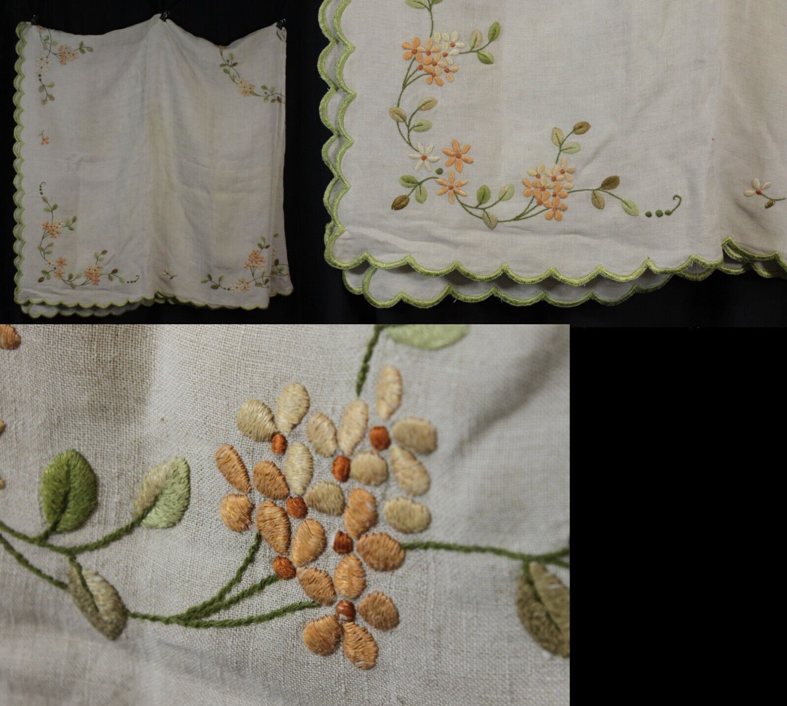 Vtg Embroidered Tablecloth Woven Floral Scalloped Edge Cream Ivory Ornate 66x66