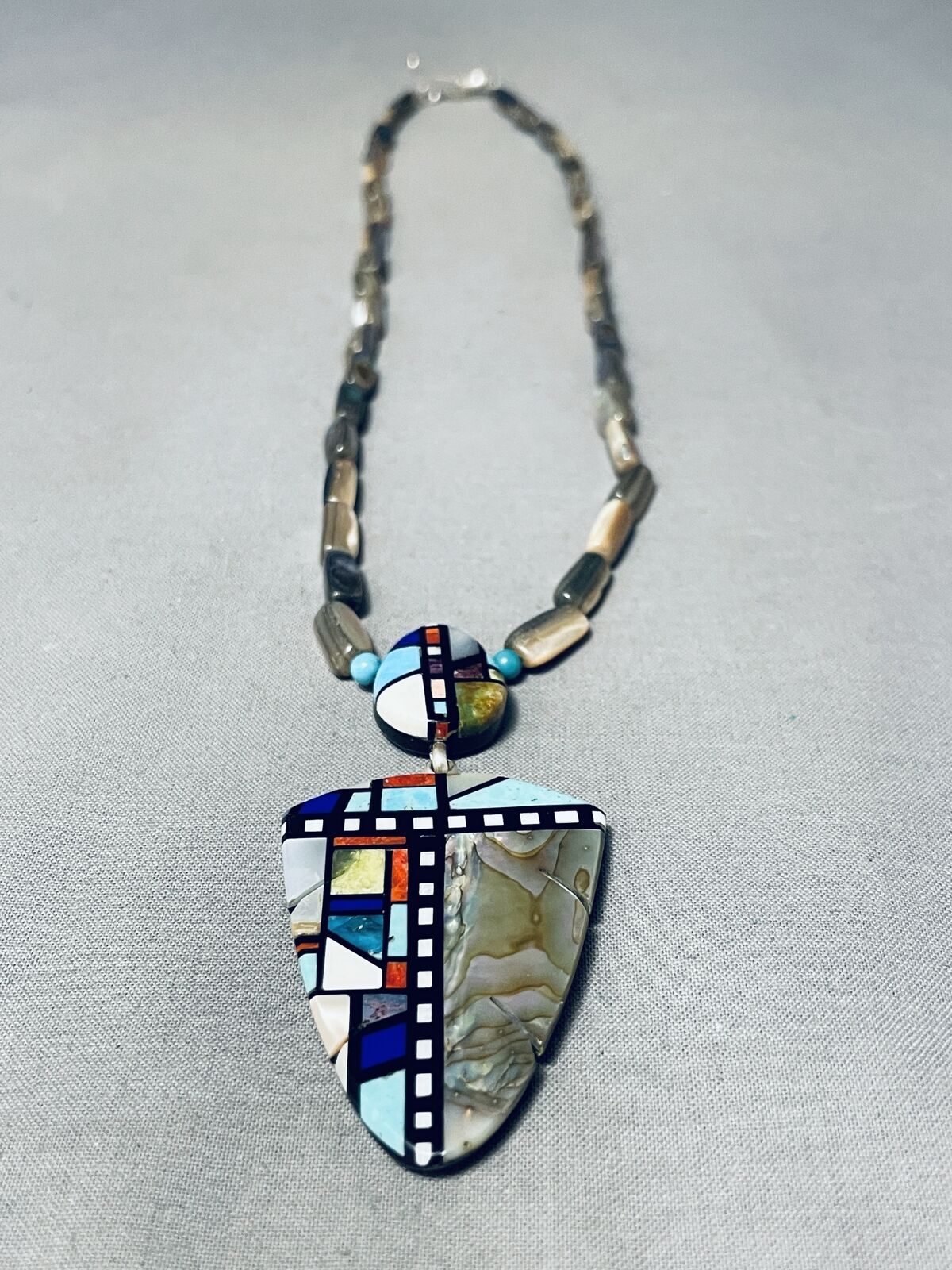 IMPORTANT SANTO DOMINGO TURQUOISE INLAY STERLING SILVER NECKLACE