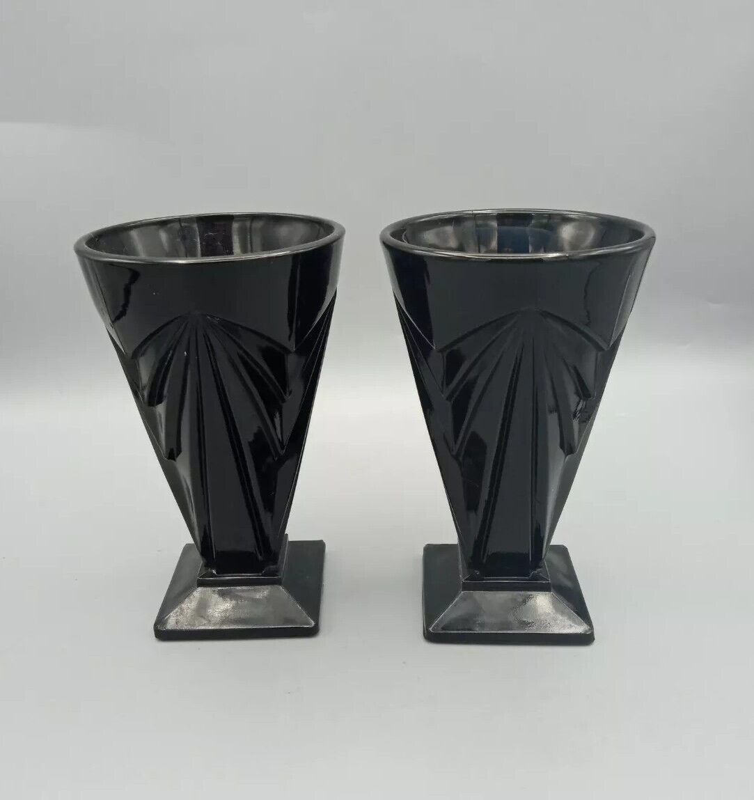 Indiana Glass Art Deco Set of 2 Amethyst Black Glass-Square Footed Water Goblets
