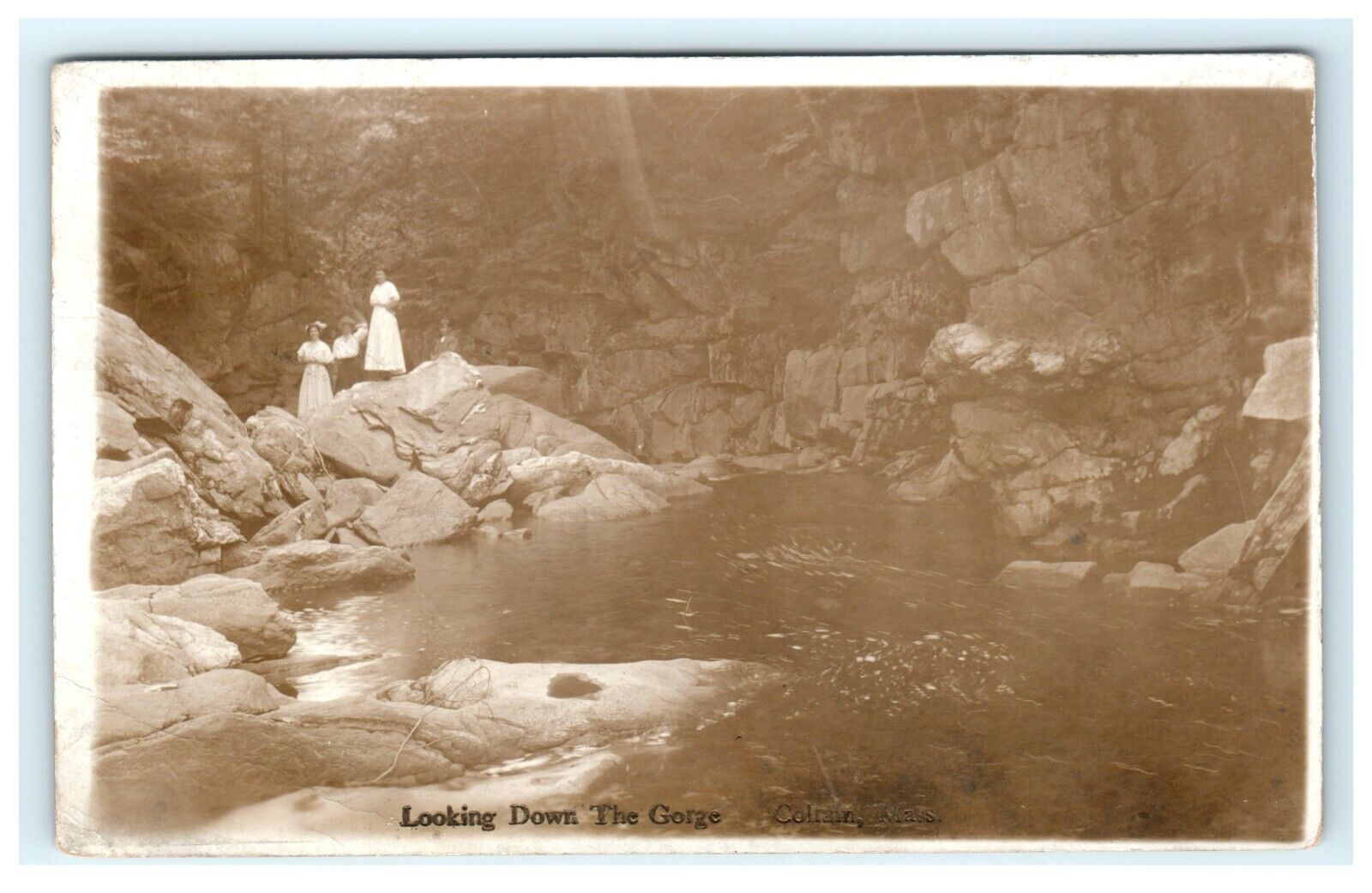1913 Looking Down the Gorge Colrain MA Massachusetts RPPC Woman on Rocks