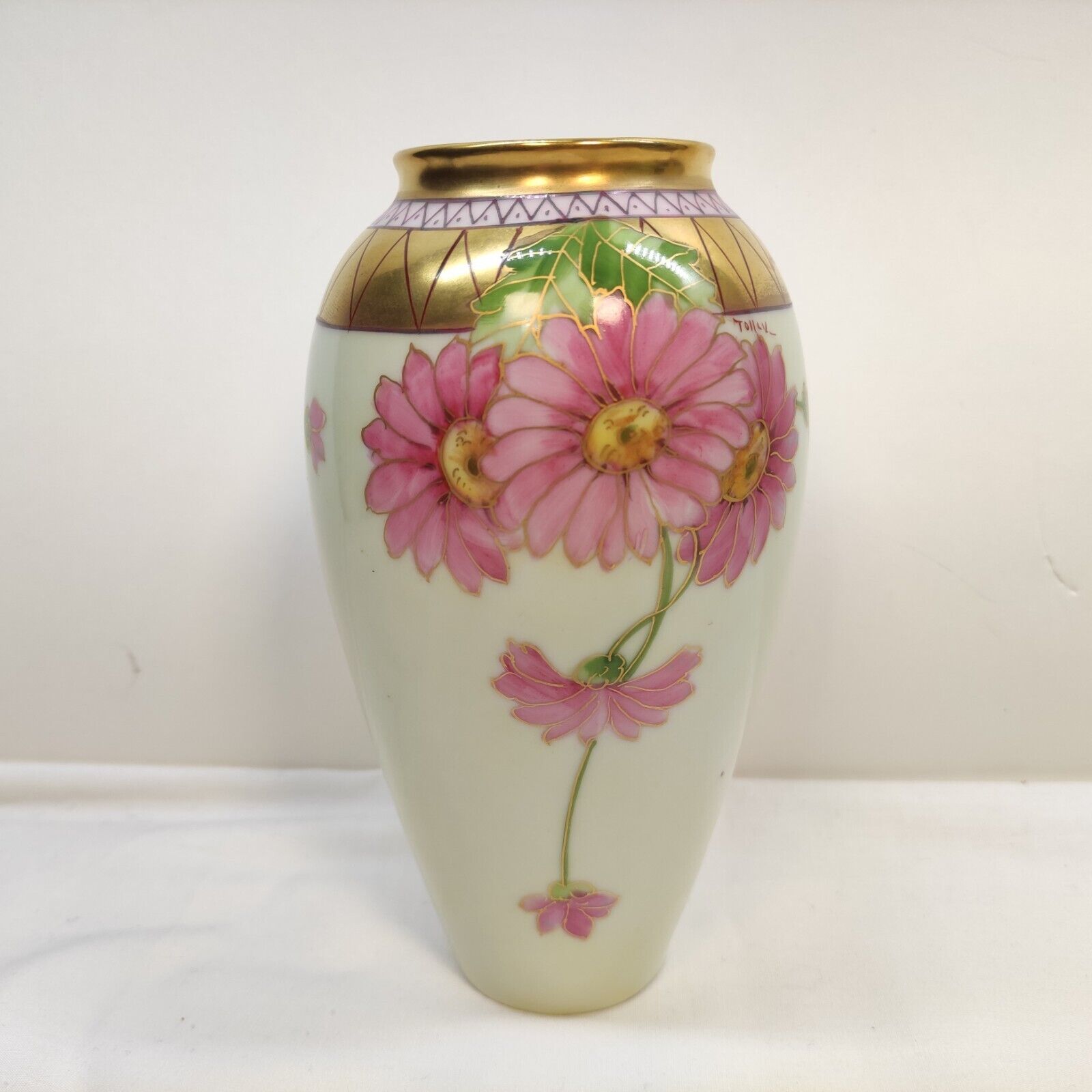 Rare- Beautiful Pickard Hand Painted Pink Daisies By Signed Tolley. Vase 7