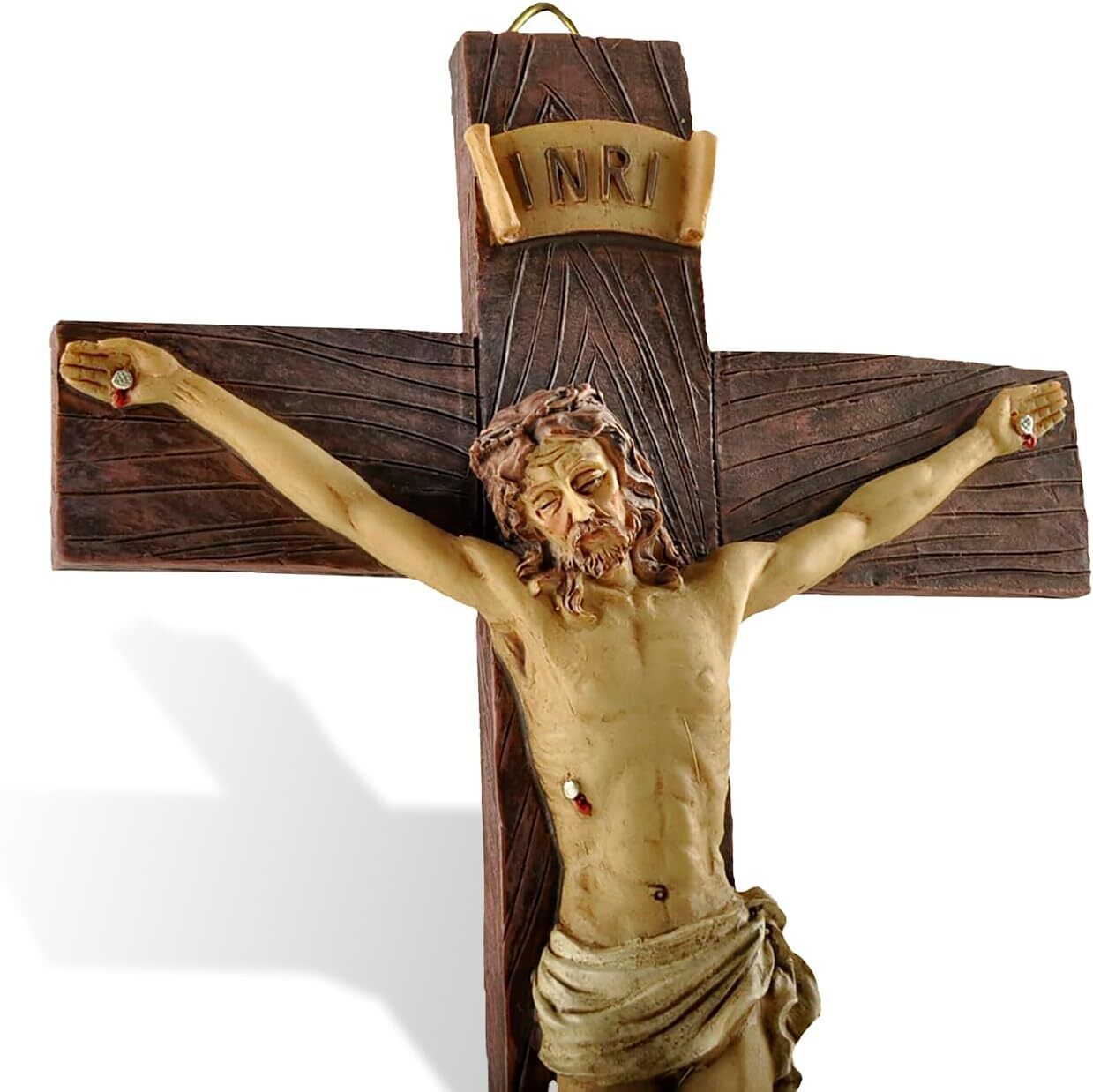 Crucifix Wall Cross Catholic - Hand painted Big Wood Textured Resin Vintage