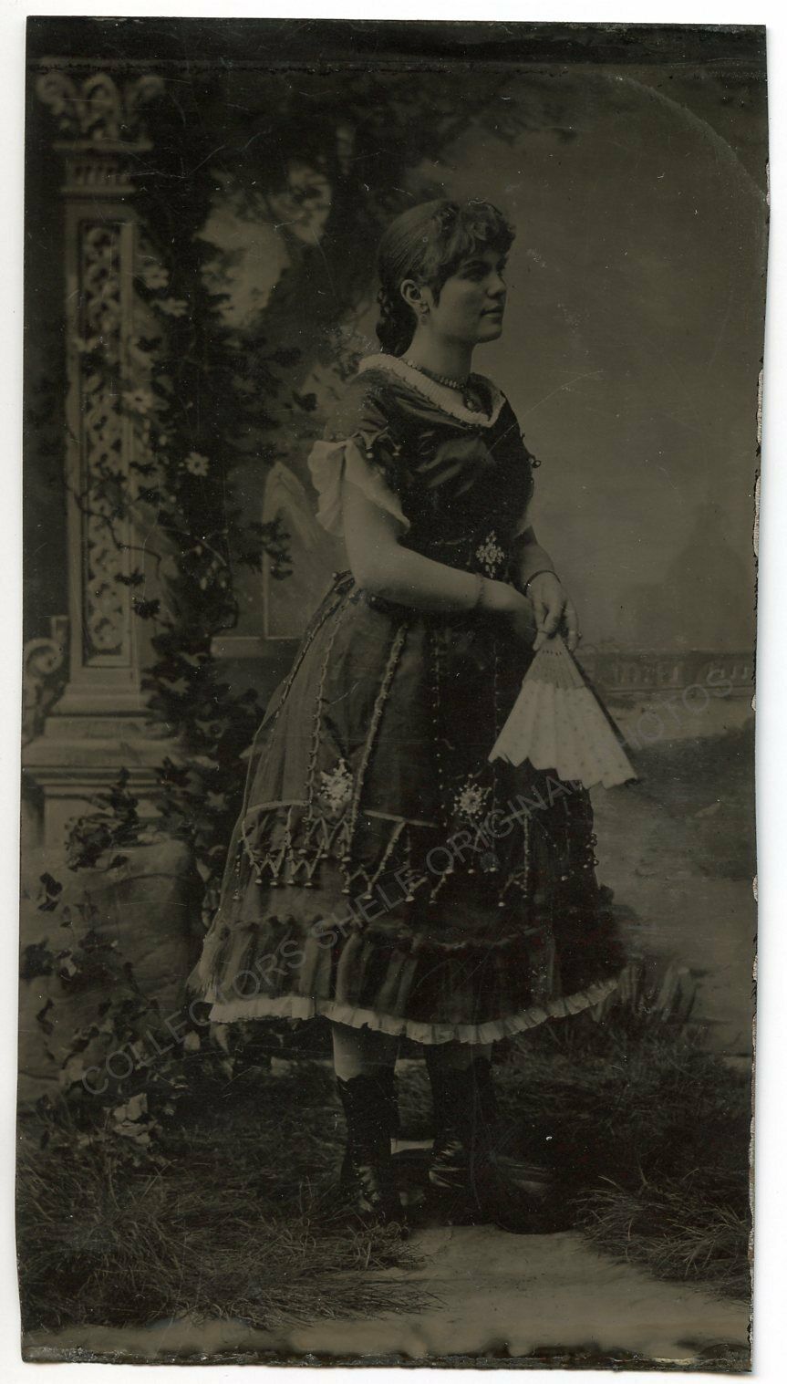 WOMAN in AMAZING SPANISH or MEXICAN GOWN 1880s 1/4 PLATE TINTYPE 2 3/4\