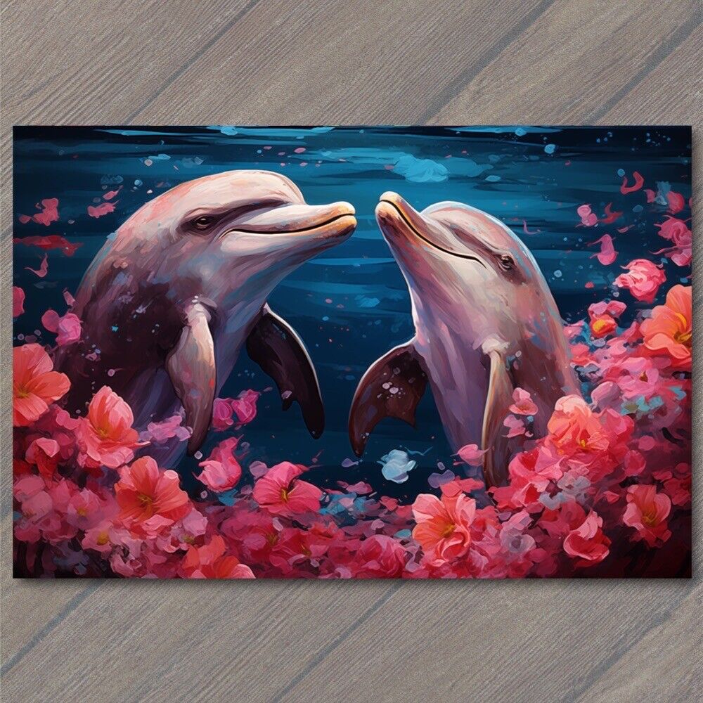 POSTCARD Playful Love Dolphins Celebrating Valentine’s Day Beautiful Flowers 🐬