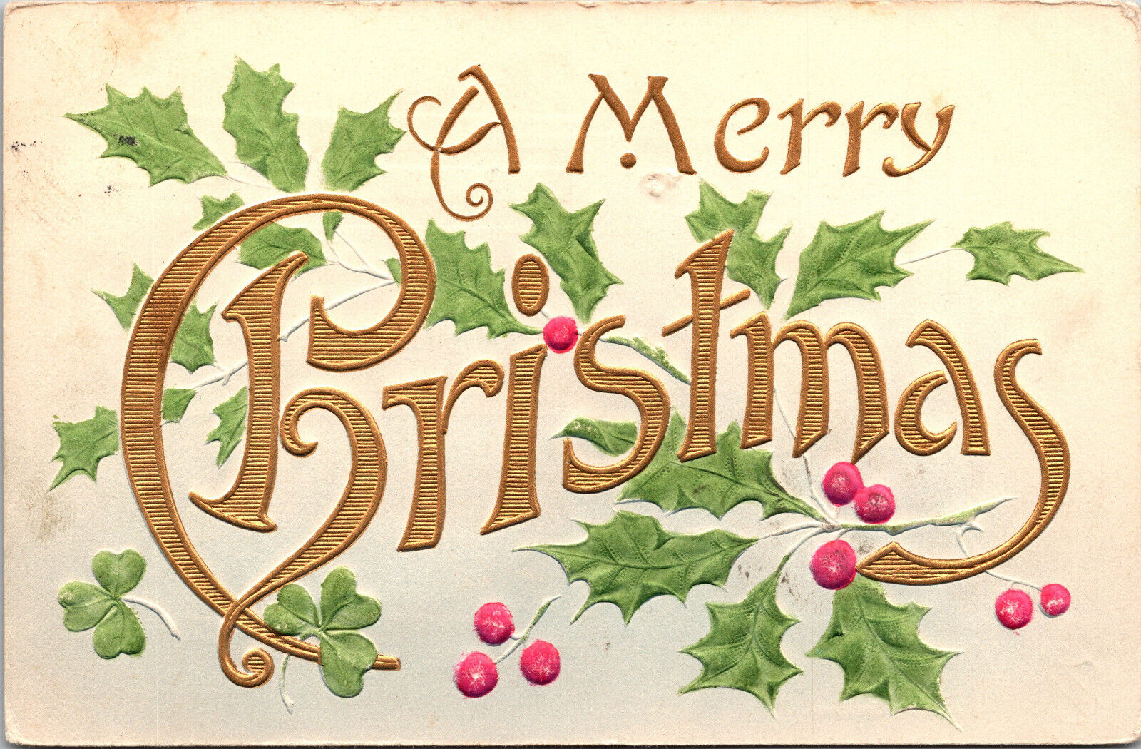 Vtg Christmas Postcard 1910s Antique Embossed Holly Berries NRC