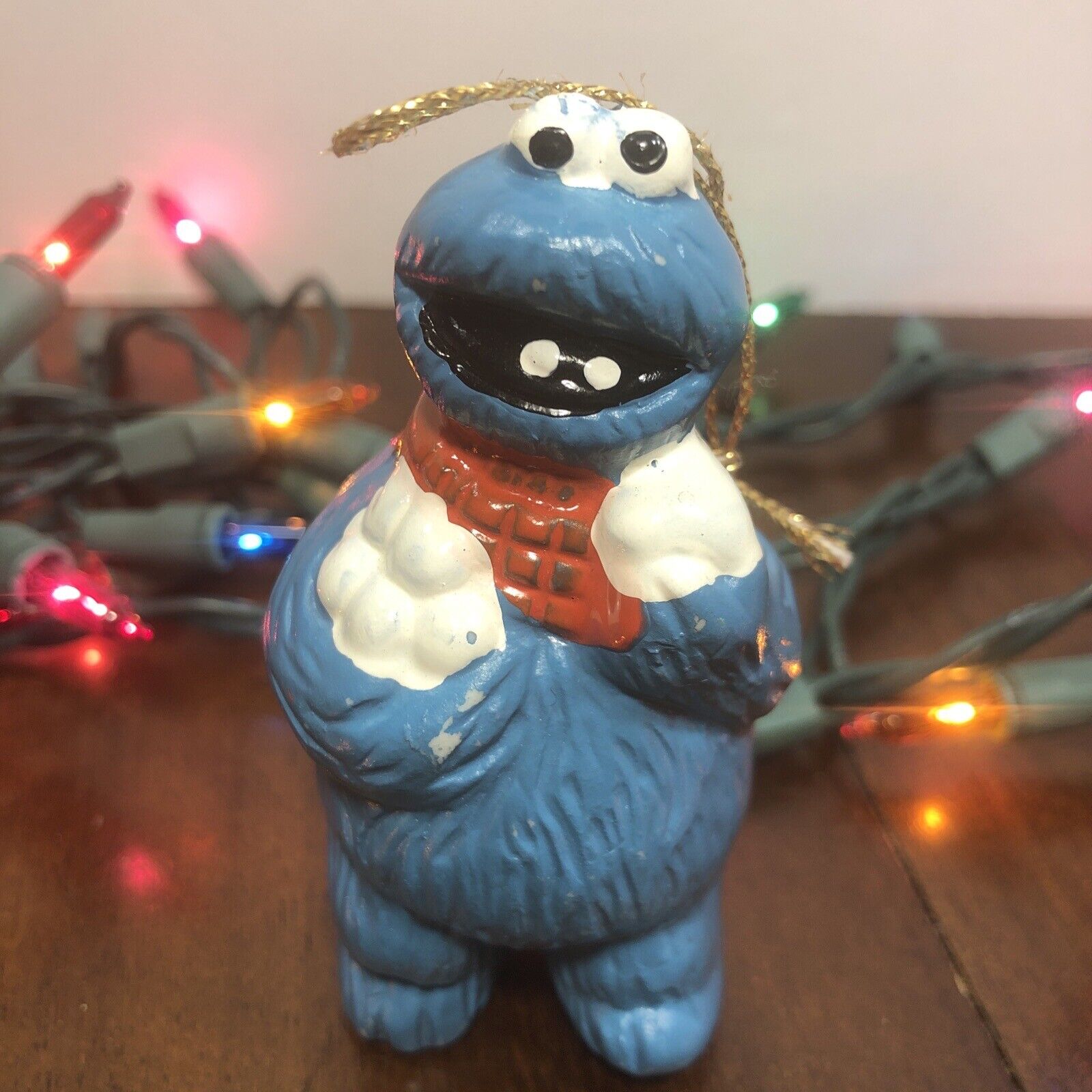 Vtg 1980s Sesame Street Cookie Monster Snowball Fight Christmas Ornament Muppets