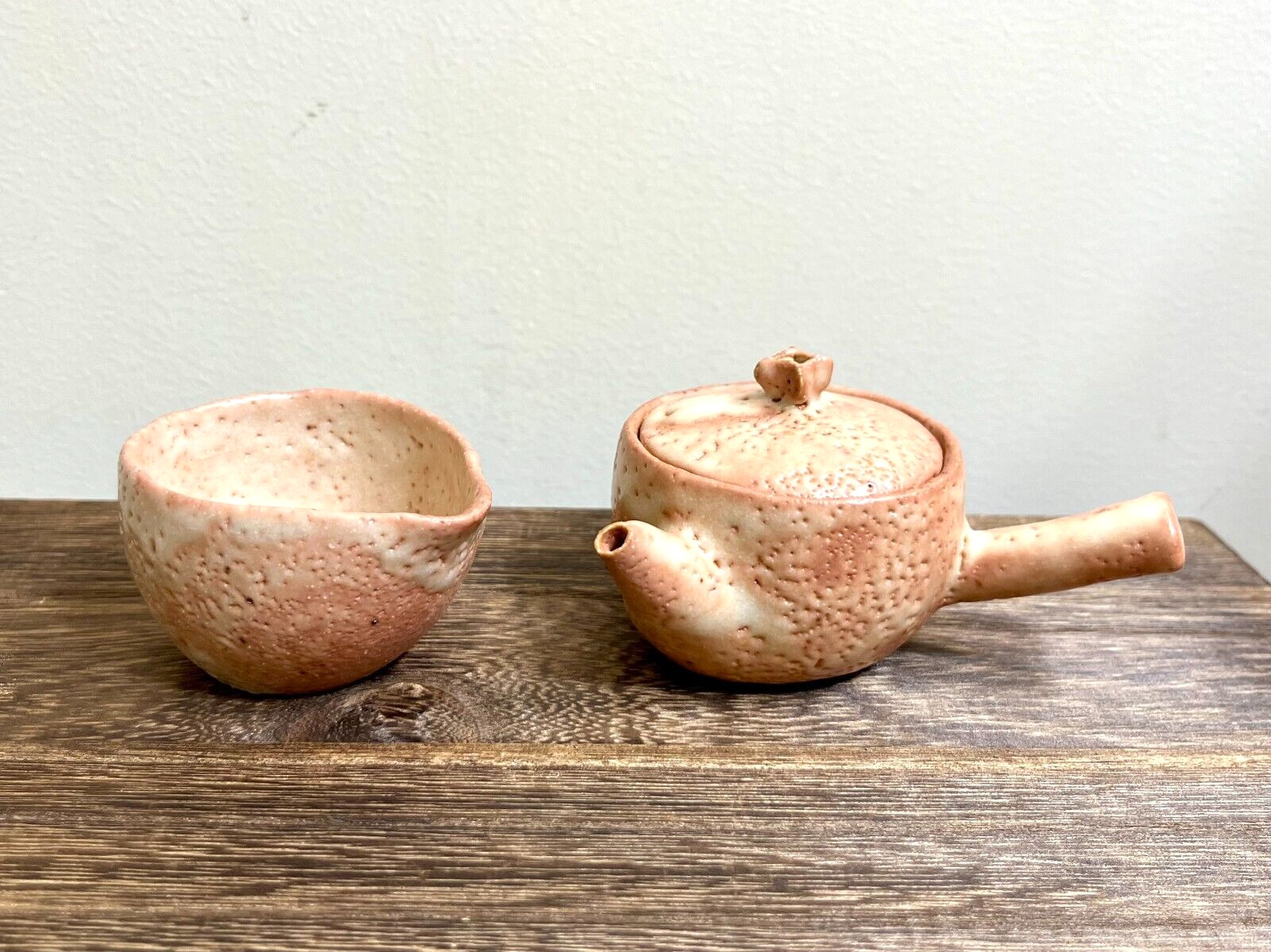 Rare Japanese Shino ware handmade kyusu side handled teapot and dispenser, mini