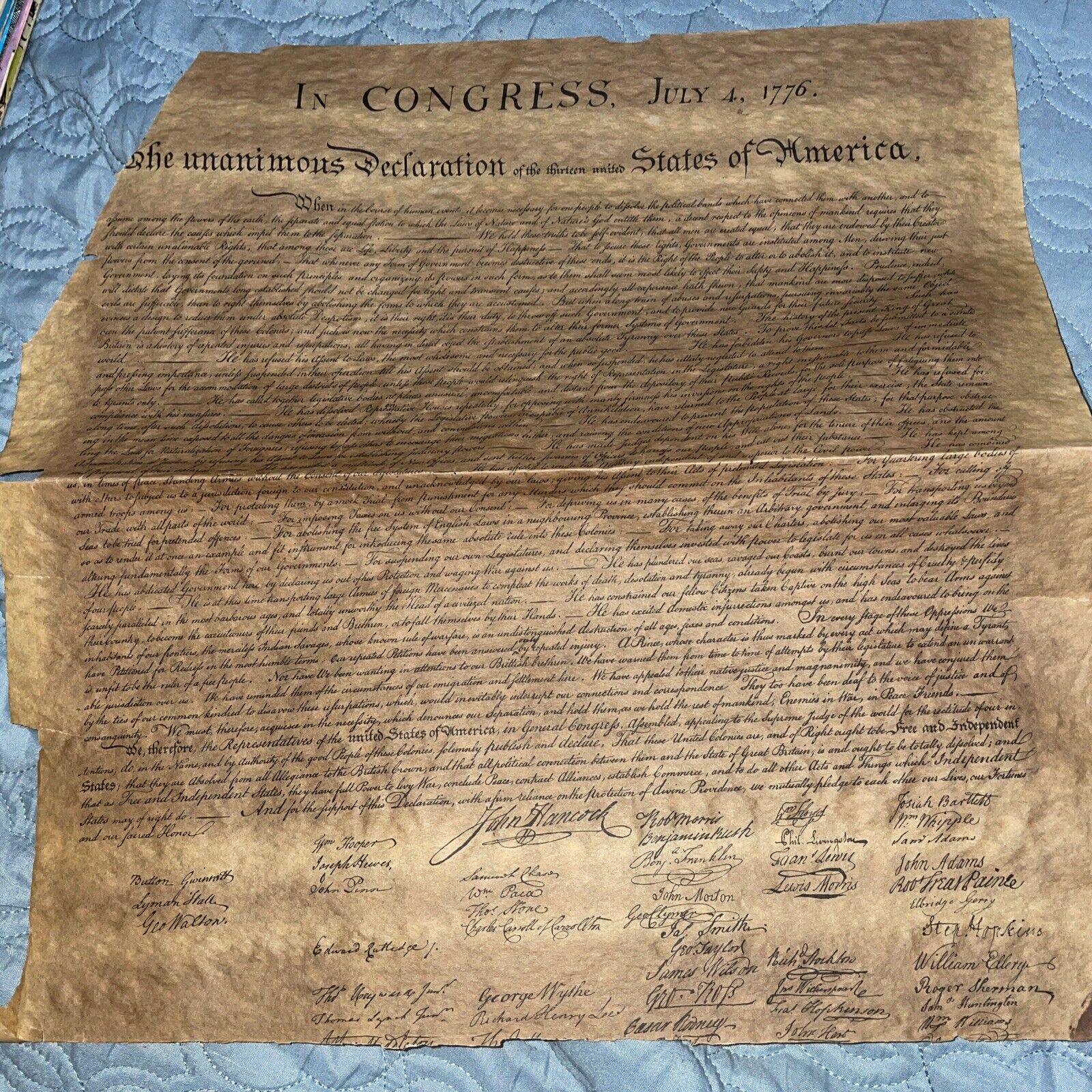 Antique Declaration Of Independence Parchment - Needs TLC