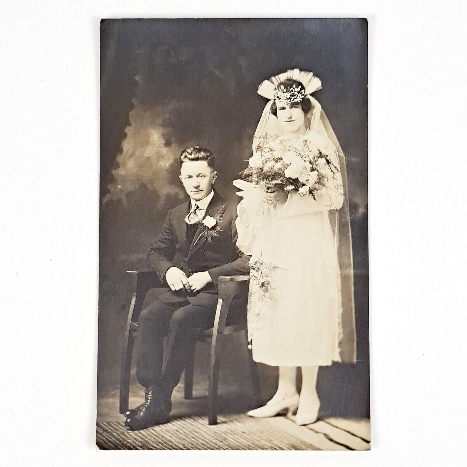 ANTIQUE 1920\'S REAL PHOTO DB POST CARD NEWLY MARRIED WEDDING PHOTO RPPC POSTCARD