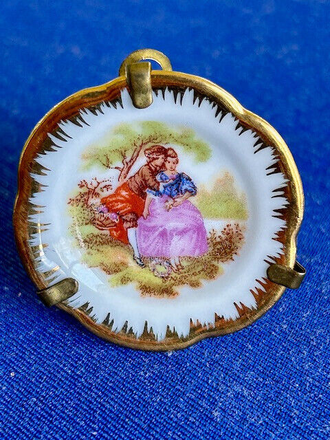 Vintage LIMOGES MINIATURE Porcelain PLATE Gold Trim w/ Stand, Courting Couple