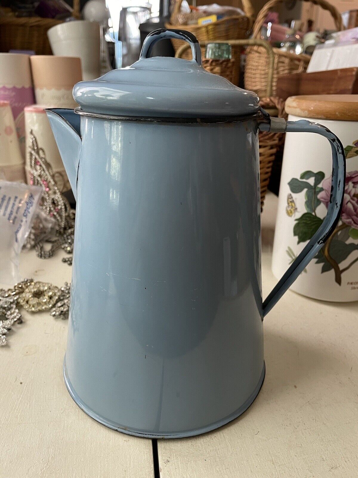 Vintage French Enameled Periwinkle Blue Coffee Pot 11”