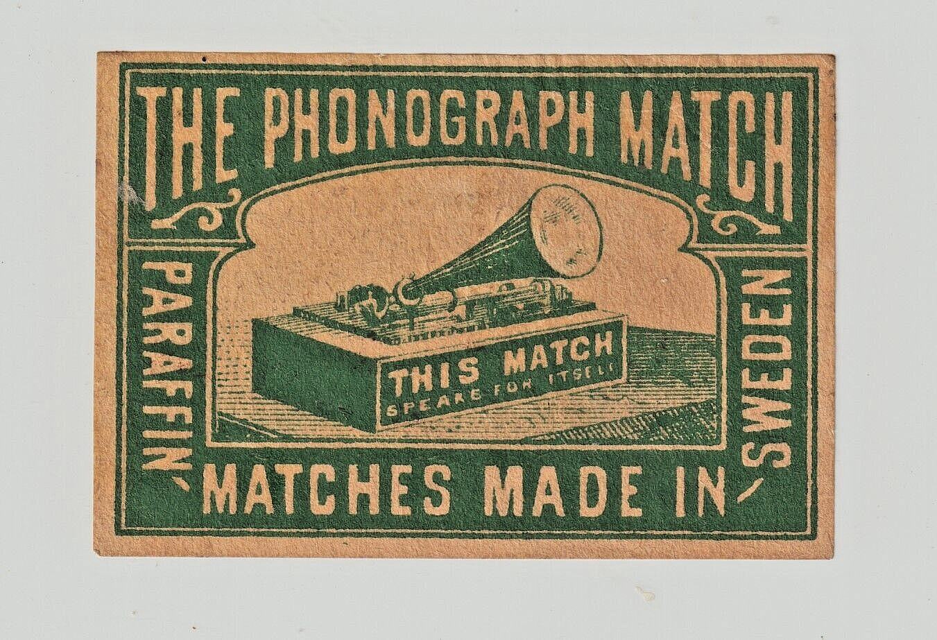 Antique larger Size Matchbox Label PHONOGRAPH matches Sweden Paraffin
