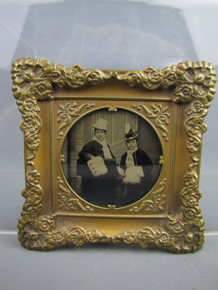 Antique Framed Tintype Photograph 2 High Class Ladies w/ Danish Brass Frame 