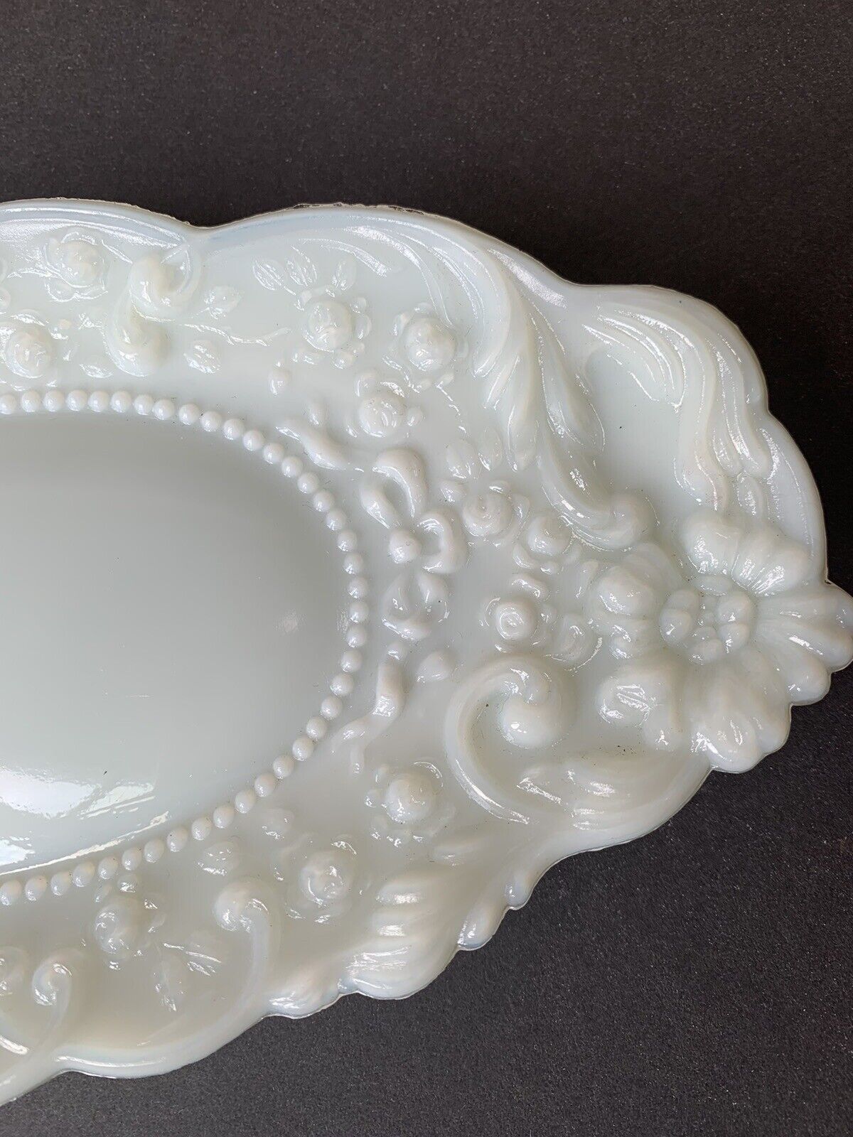 Antique Victorian Milk Glass Trinket Tray 9 1/2” Floral Daisies Bows Beaded
