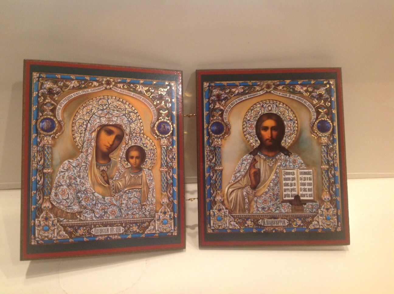 Russian Diptych Icon Virgin of Kazan and Christ the Pantocrator 9 2/8\