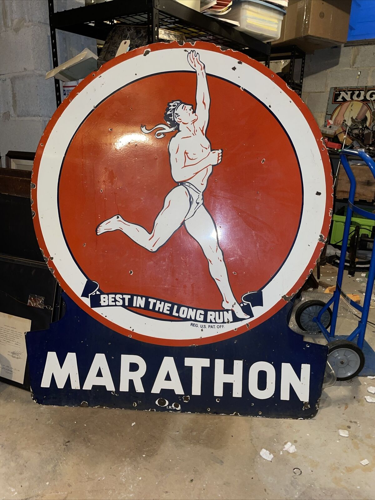 Very Large Marathon Oil Gas Double Sided Porcelain Sign 58” x 48”