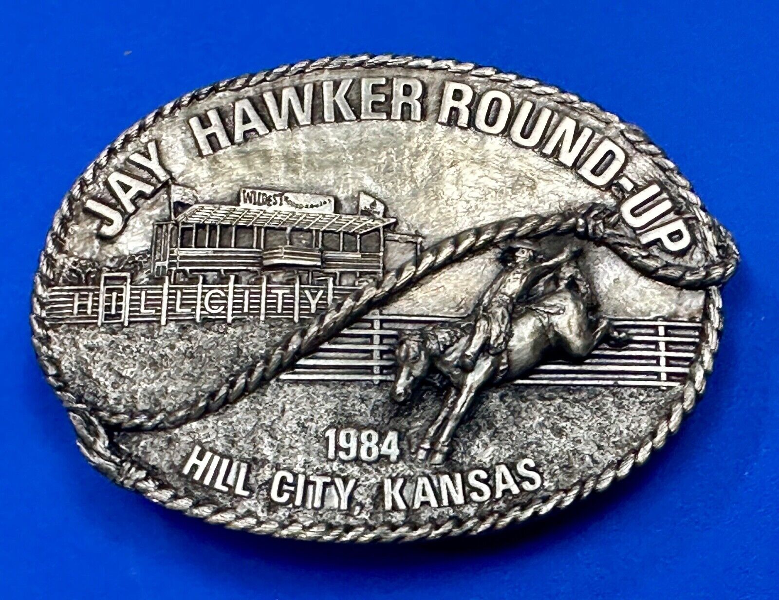 Hill City KS 1984 Jay Hawker Round Up Jayhawk Saddle Bronc RCA Rodeo Belt Buckle
