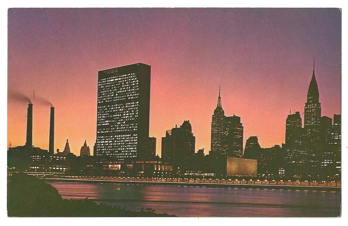 New York City c1960's Midtown Manhattan skyline, United Nations, Night