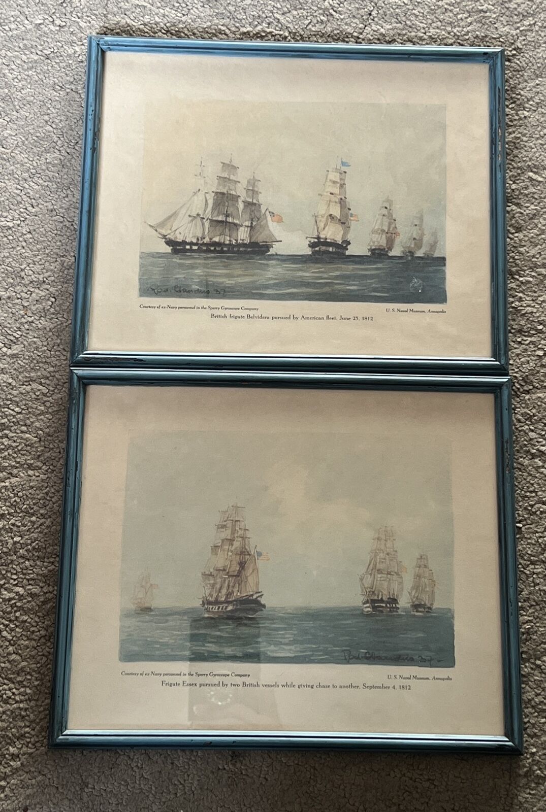 Set of 2 RARE Prints By ROD CLAUDIUS 1937 NAVY BATTLE SHIPS Military Framed