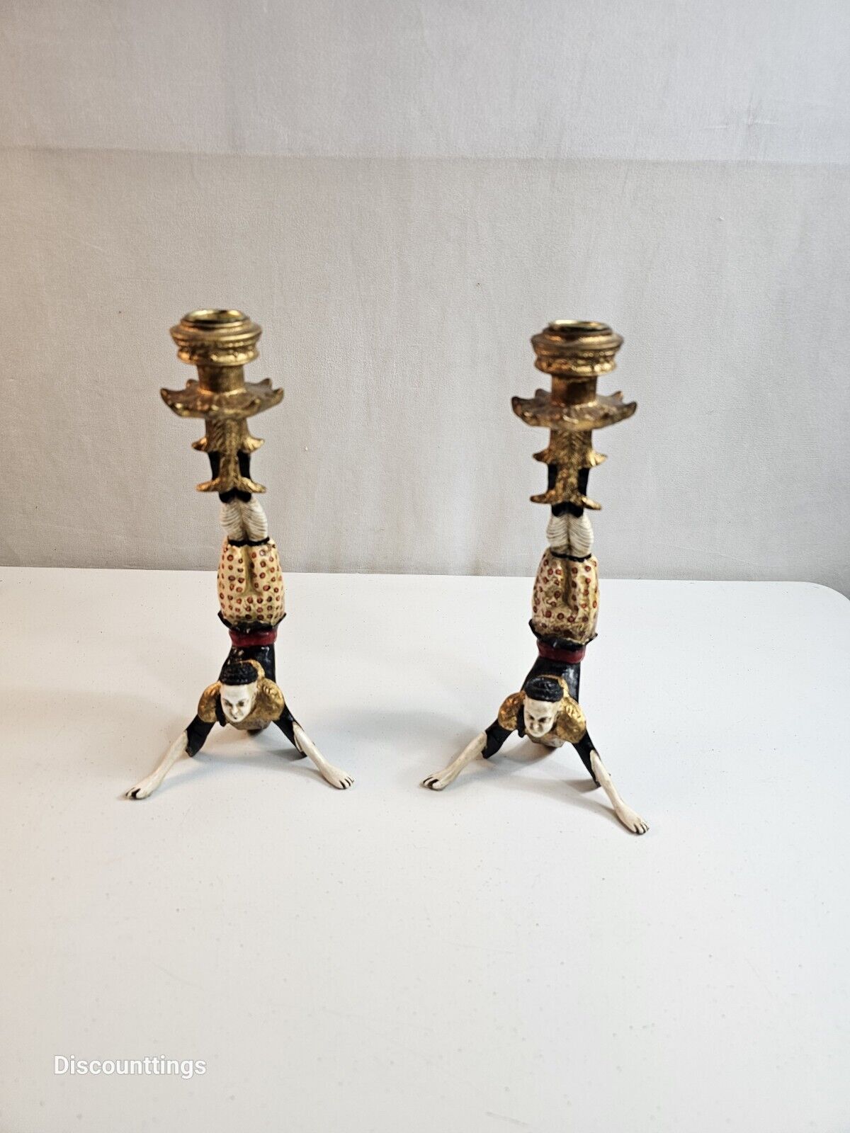 Pair Of Vintage Hand Painted Asian Acrobat Candle Holder  11” tall