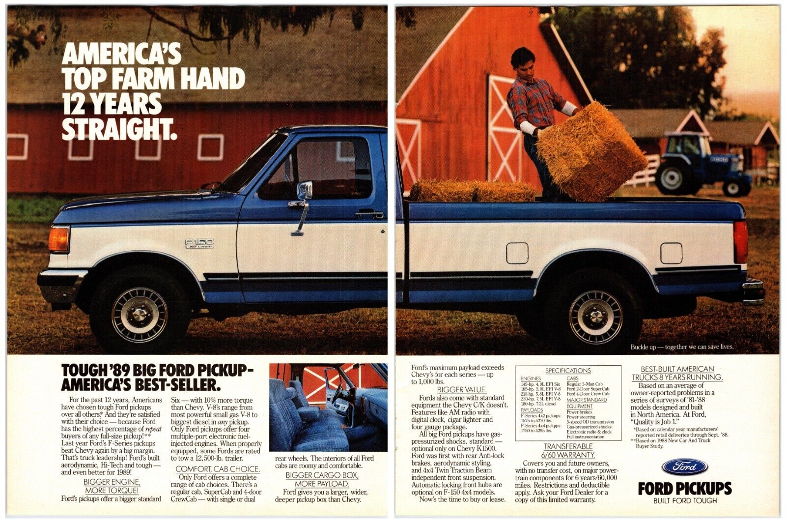 Vintage 1989 Ford Pickup Trucks - Original (8 x 16.5) 2 Page Print Advertisement