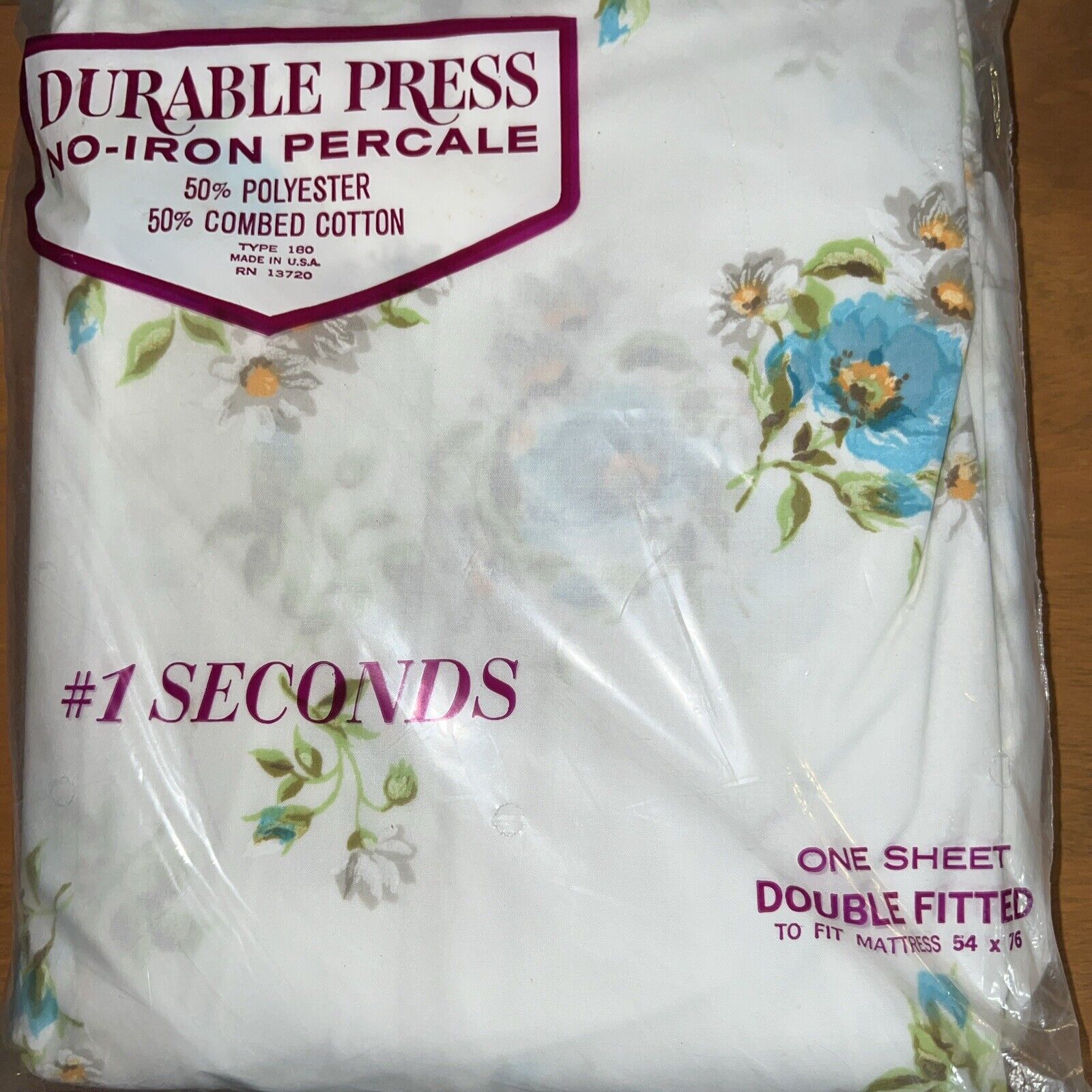 Vintage Durable Press  Double Blue Floral Fitted Sheet Nip