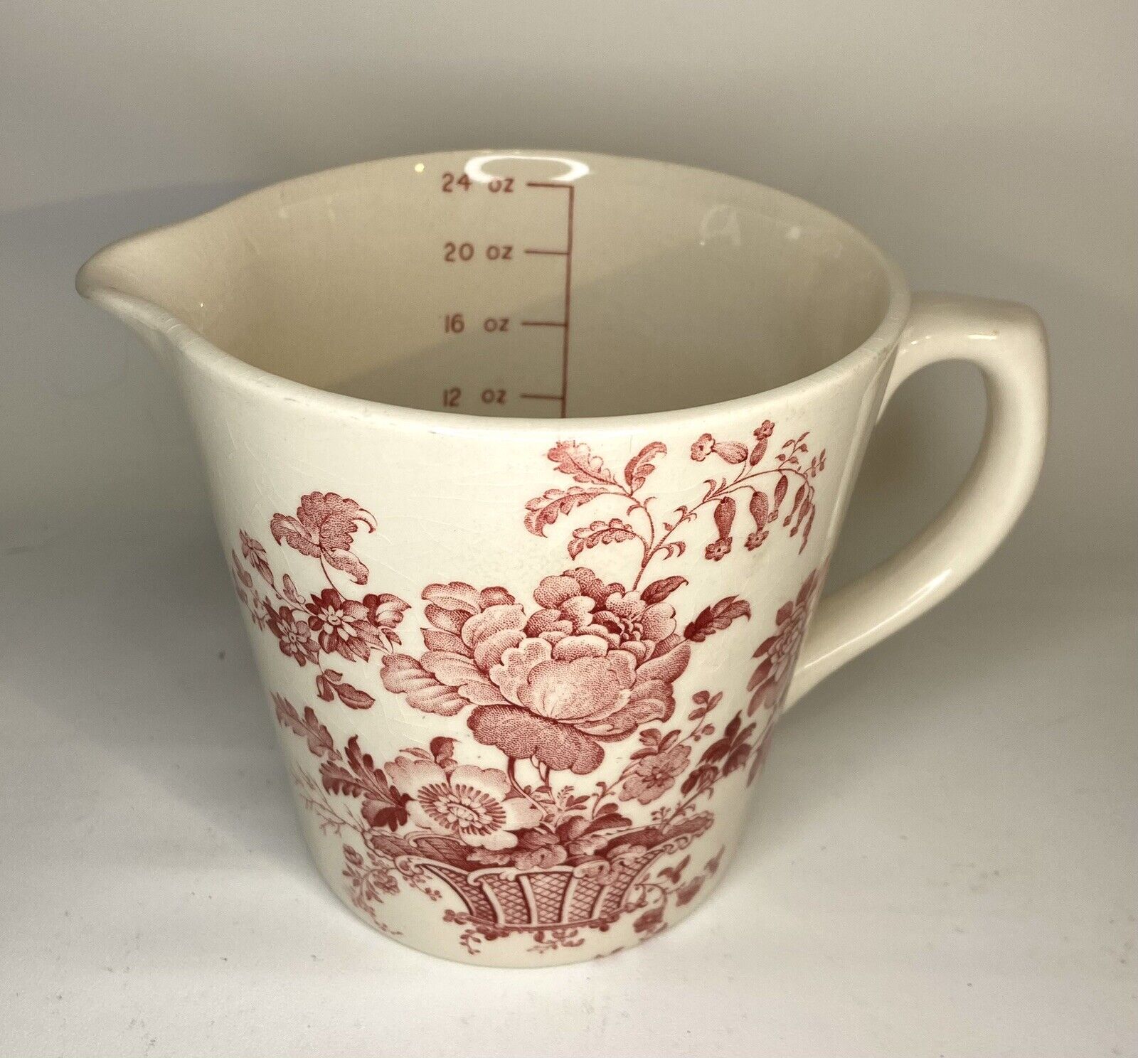 Antique Charlotte Royal Crownford Ironstone Measuring Cup Red Transferware READ
