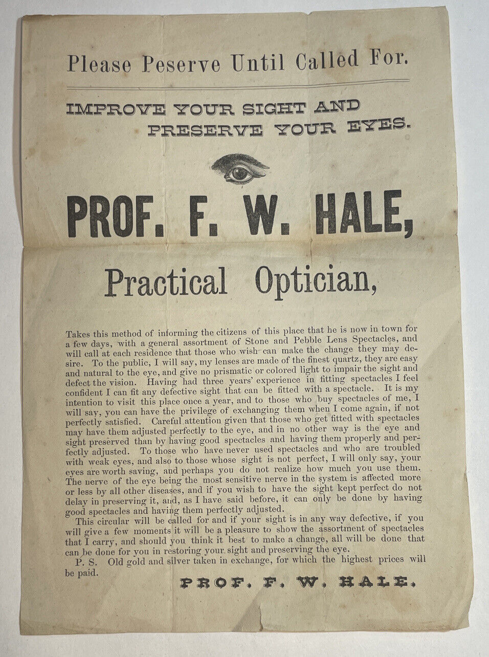 ANTIQUE 1800s  Traveling Practical OPTICIAN Advertising Paper/Poster Old Gold