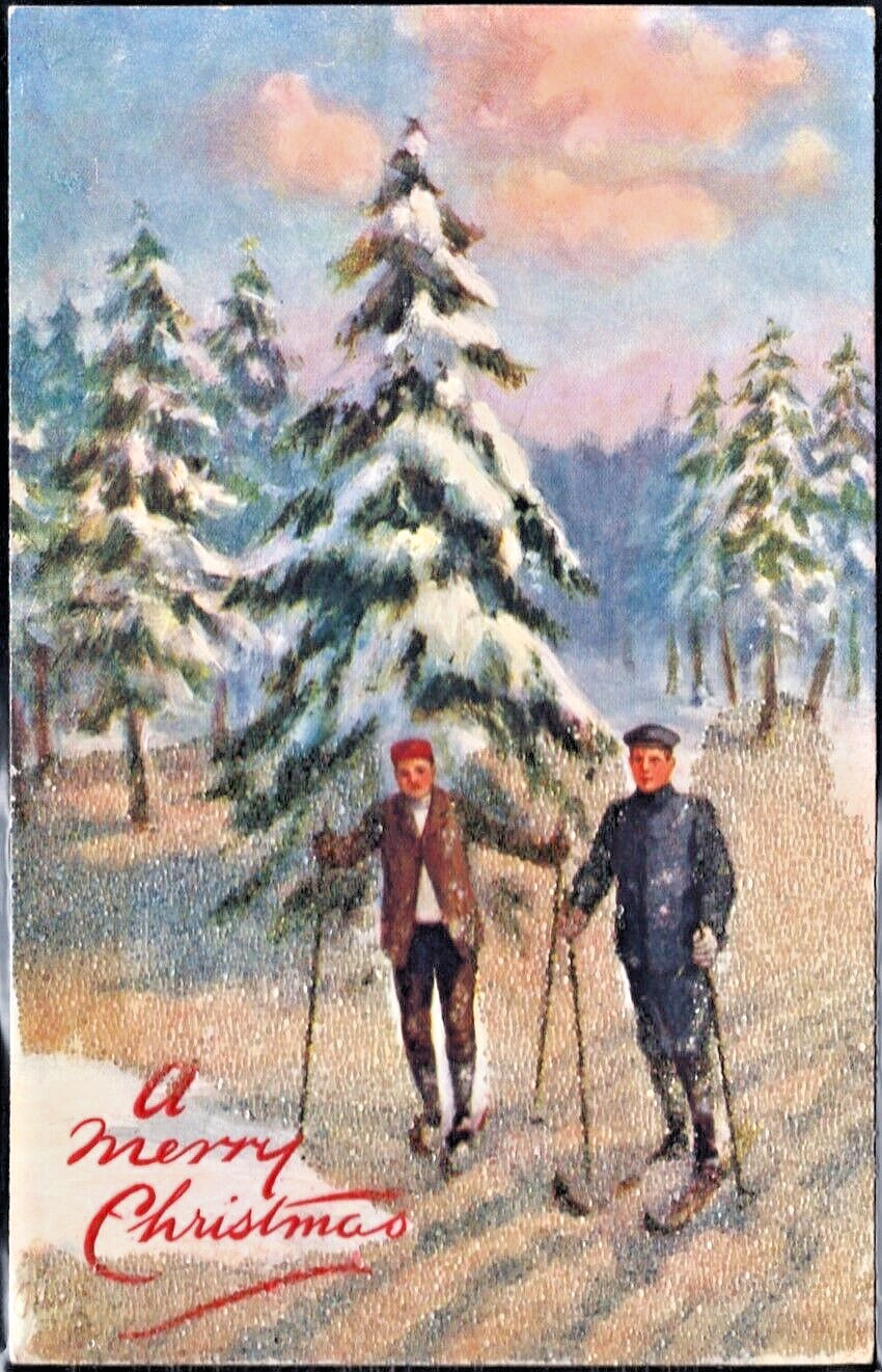 TUCK  Oilette~BEADED~2 SKIERS in SOFT SNOW~Antique Novelty CHRISTMAS Postcard