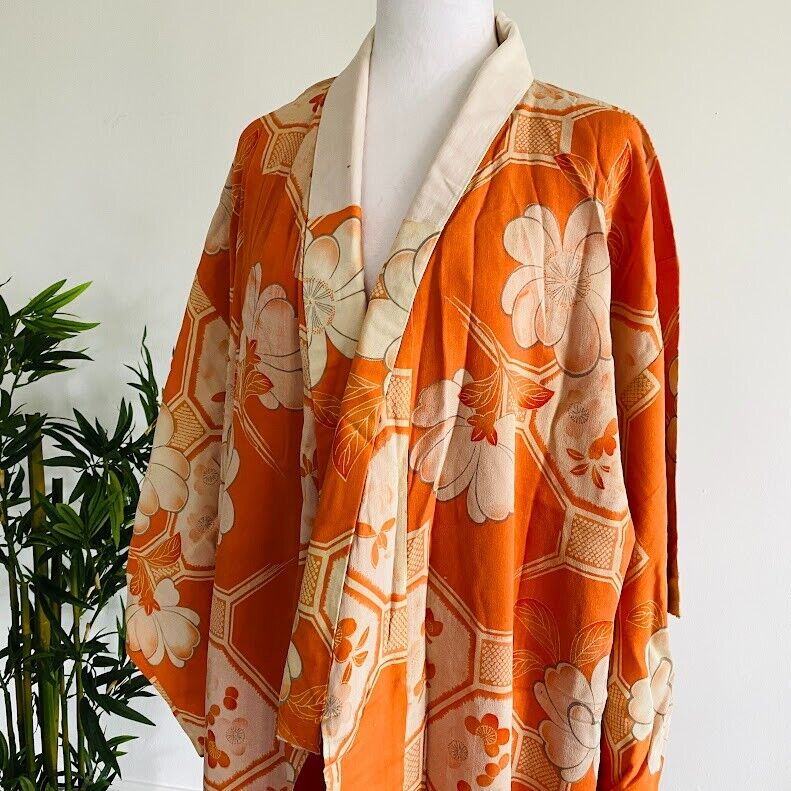 Tangerine WIDE Silk Nagajuban Antique Japanese Kimono Robe Custome