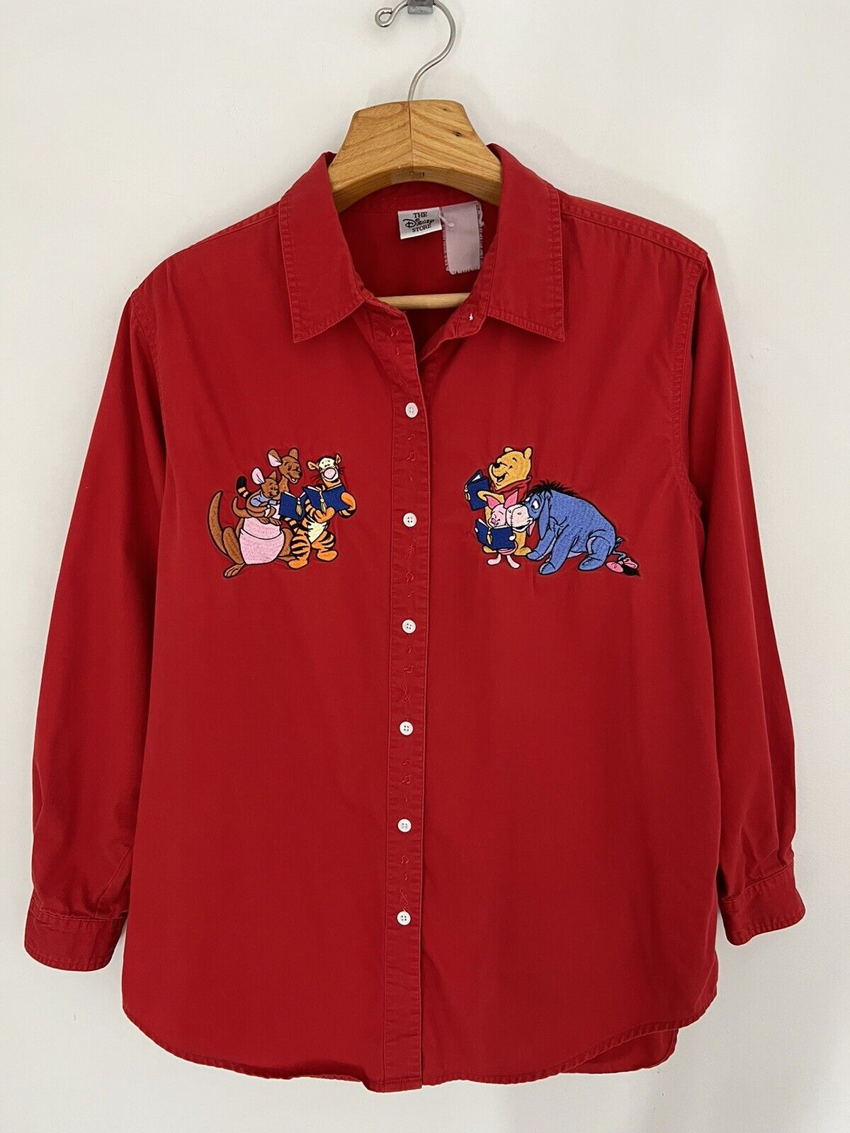 Vintage DISNEY STORE Women Winnie The Pooh Shirt Sz L Red Button Up Embroidered