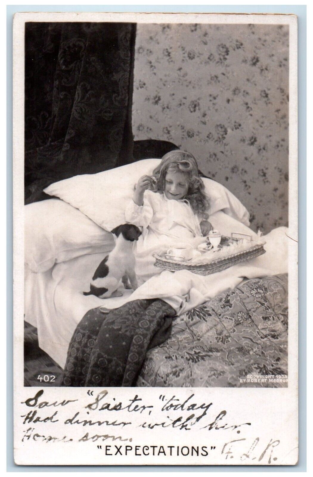c1905 Little Girl Breakfast On Bed Terrier Dog Expectations RPPC Photo Postcard