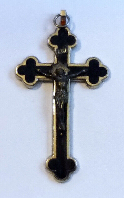 Vintage Germany Cross Crucifix Black & Silver Rosette Jesus 3.5\