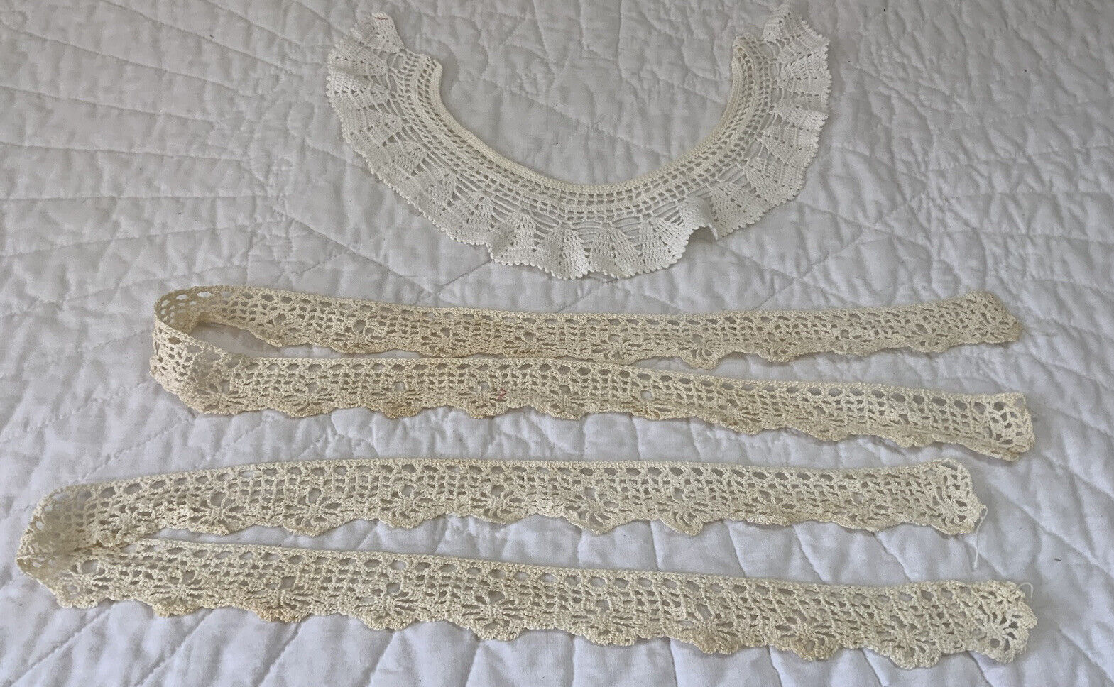 Vintage Lot Of Three Pieces Of Hand Crocheted Lace, White & Ivory