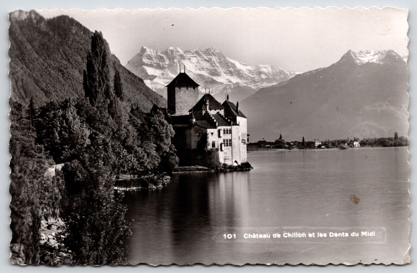 Postcard RPPC, Chateau de Chillon And The Dents du Midi Switzerland Posted 1937