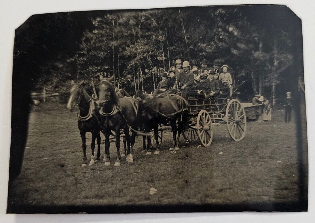 Rare Antique TINTYPE  - LARGE Party WAGON 4 HORSE DRAWN With Many People 3.5×2.5
