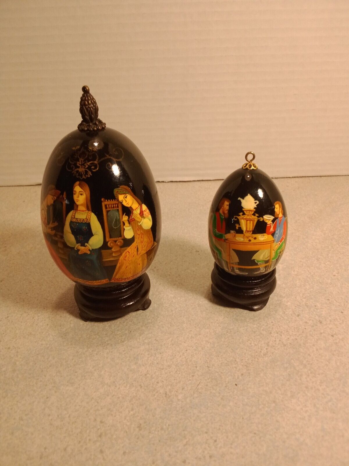 Vintage Russian Bylina Wooden Black Laqured Hand Painted Eggs