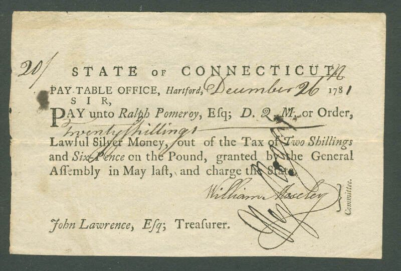 CONNECTICUT REVOLUTIONARY WAR - PROMISSORY NOTE SIGNED 12/26/1781 WITH CO-SIGNER