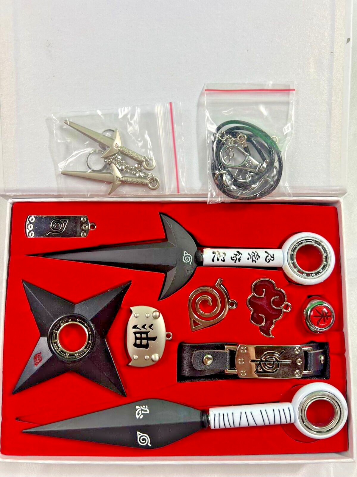 11pcs Metal Leaf Village Naruto Ninja Keychain Spanier Kunai Necklace Ring Gift