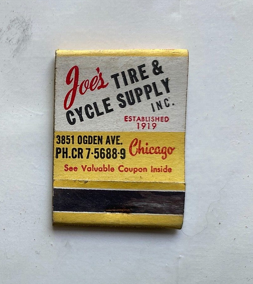 1950\'s Matchbook. Joes Tire & Cycle Supply. Chicago. Tire Ashtray Ad Inside.