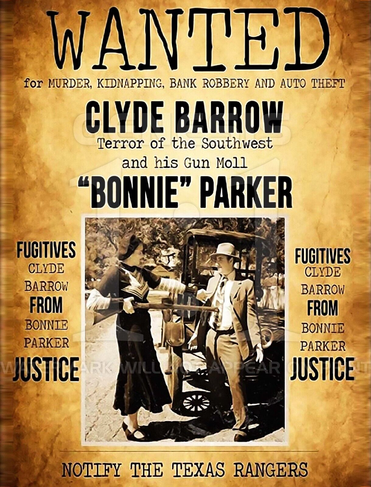 1934 BONNIE AND CLYDE PHOTO 8.5X11 WANTED POSTER ORIGINAL GANG MOB REPRINT