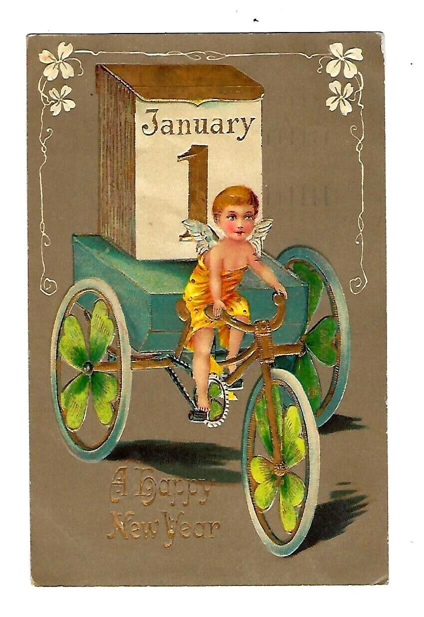 1907 New Years Postcard Cherub On 3 Wheel Tricycle Embossed