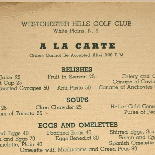 1940s Westchester Hills Golf Club Restaurant Menu Resort White Plains New York