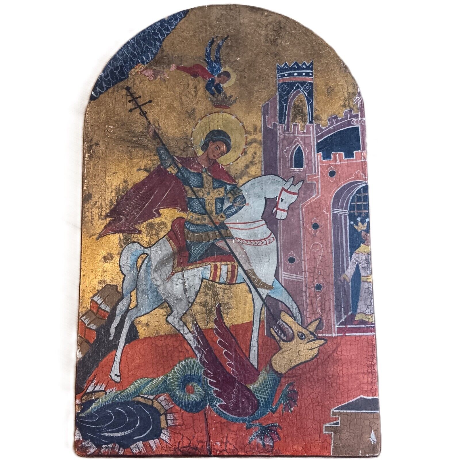 Vintage Christian Icon Painting St. George & the Dragon XV Century Wood Novgorod