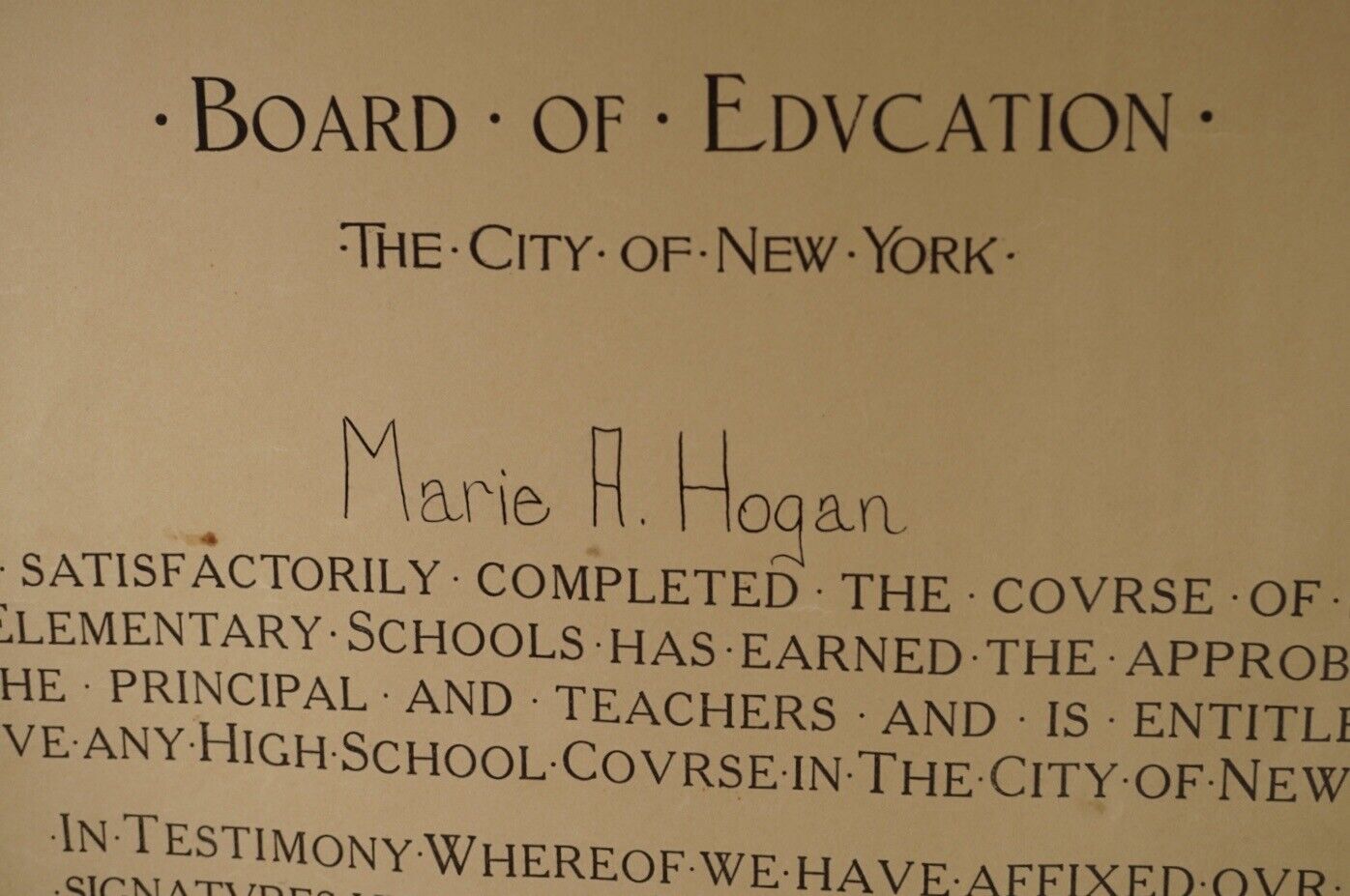 1924 City of New York Board of Education Elementary School Diploma 17”x14”