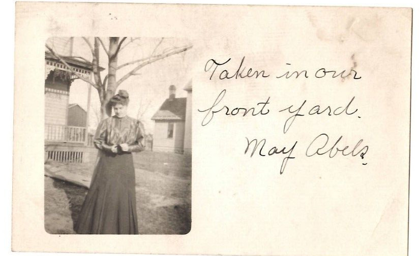 RPPC 1908 Lady in Front Yard May Abels Postcard Troy Minnesota Postcard